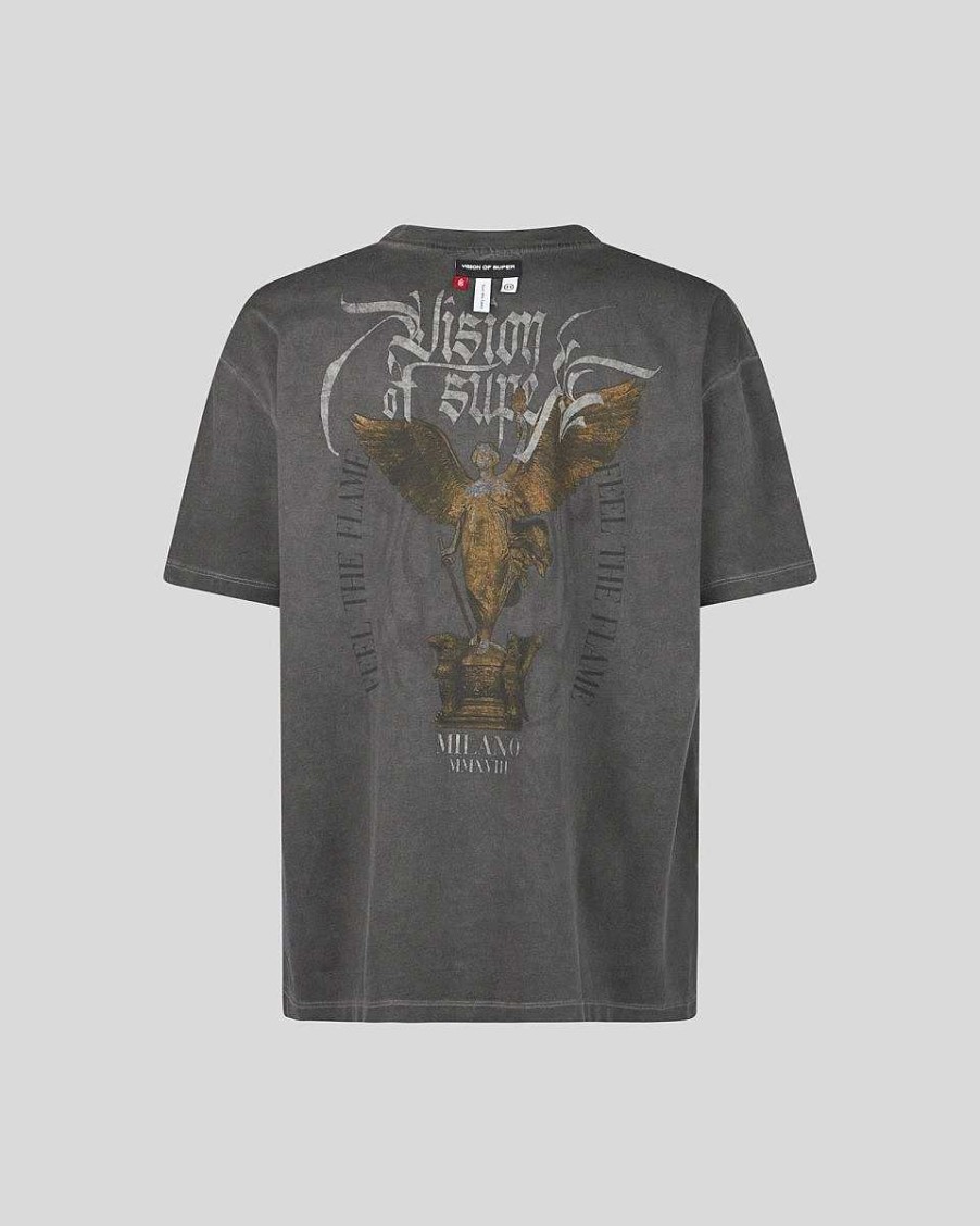 Men Vision of Super T-Shirts | Grey Stonewashed T-Shirt With Angel Statue Graphics