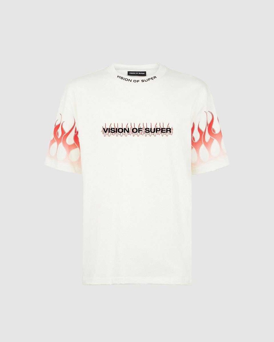 Men Vision of Super T-Shirts | White T-Shirt With Red Flames And Logo