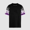 Men Vision of Super T-Shirts | Black T-Shirt With Printed Purple And White Flames