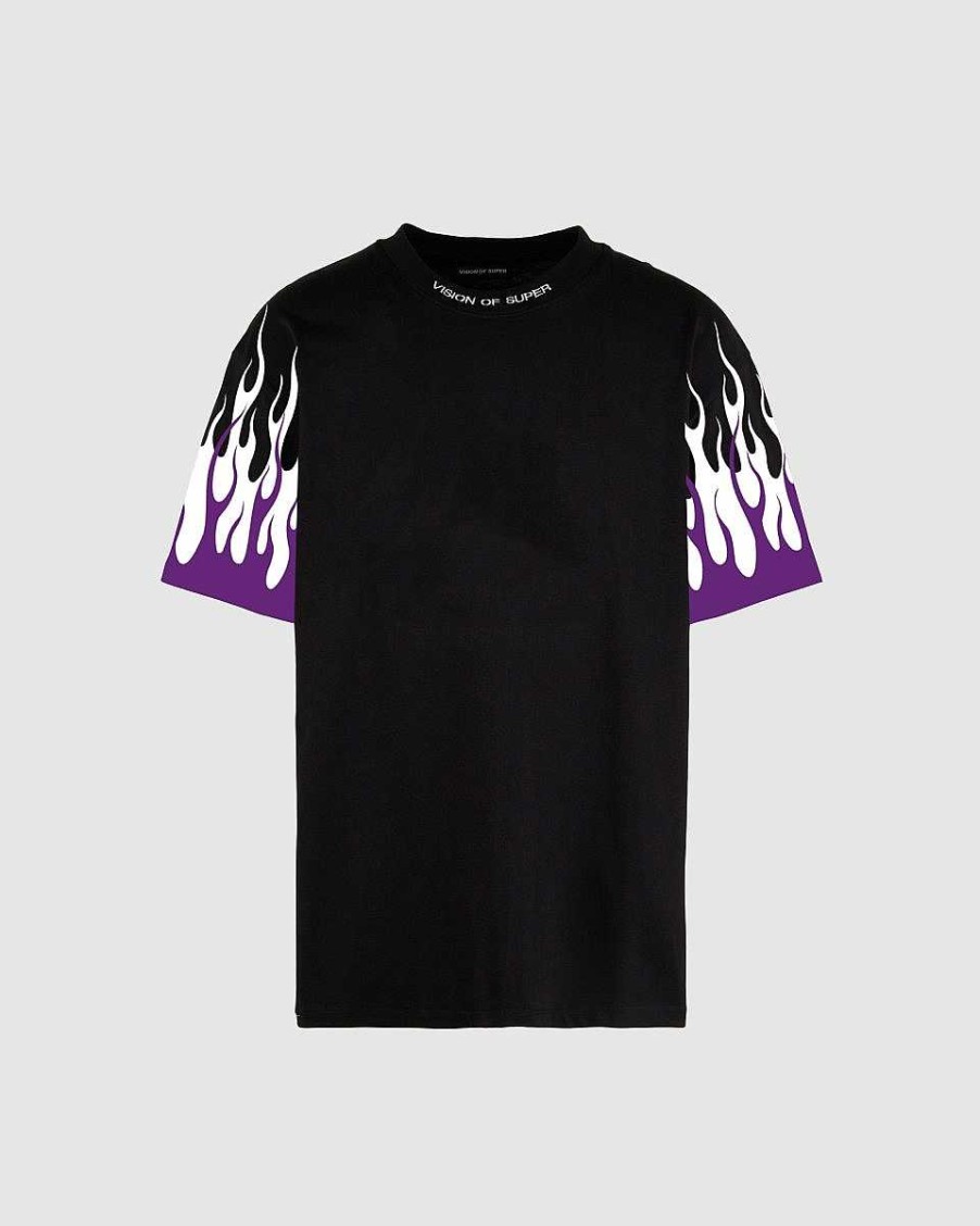 Men Vision of Super T-Shirts | Black T-Shirt With Printed Purple And White Flames