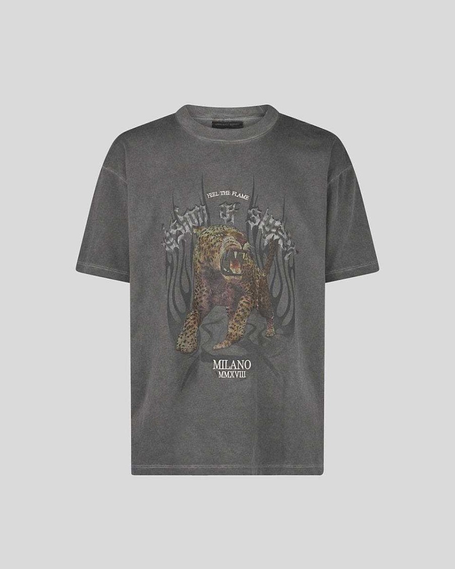 Men Vision of Super T-Shirts | Grey Stonewashed T-Shirt With Tiger Graphics