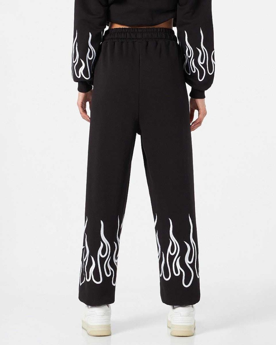 Men Vision of Super Pants | Black Woman Pants With White Embroidered Flames