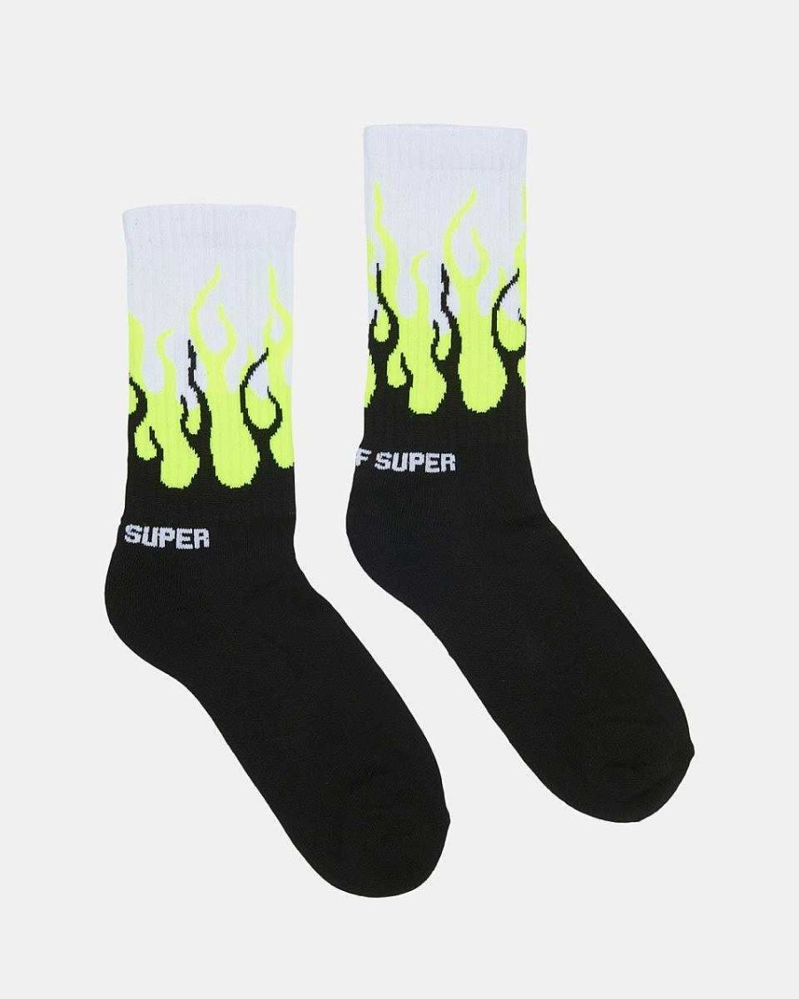 Men Vision of Super Socks | Yellow Fluo Double Flames Socks