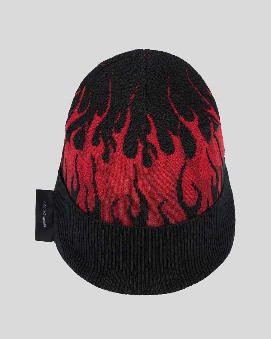 Men Vision of Super Accessories | Black Beanie With Red Flames And Label