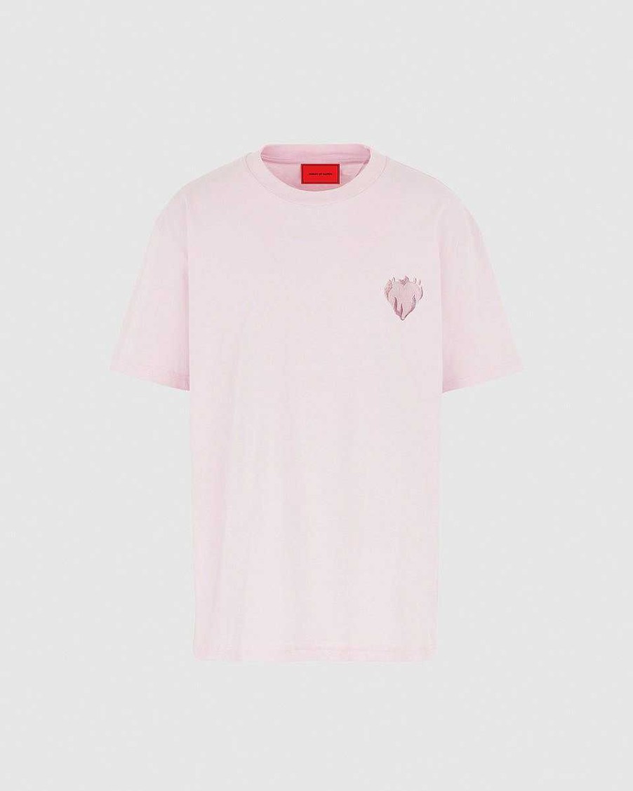 Men Vision of Super T-Shirts | Pink T-Shirt With Embroidered Flaming Heart