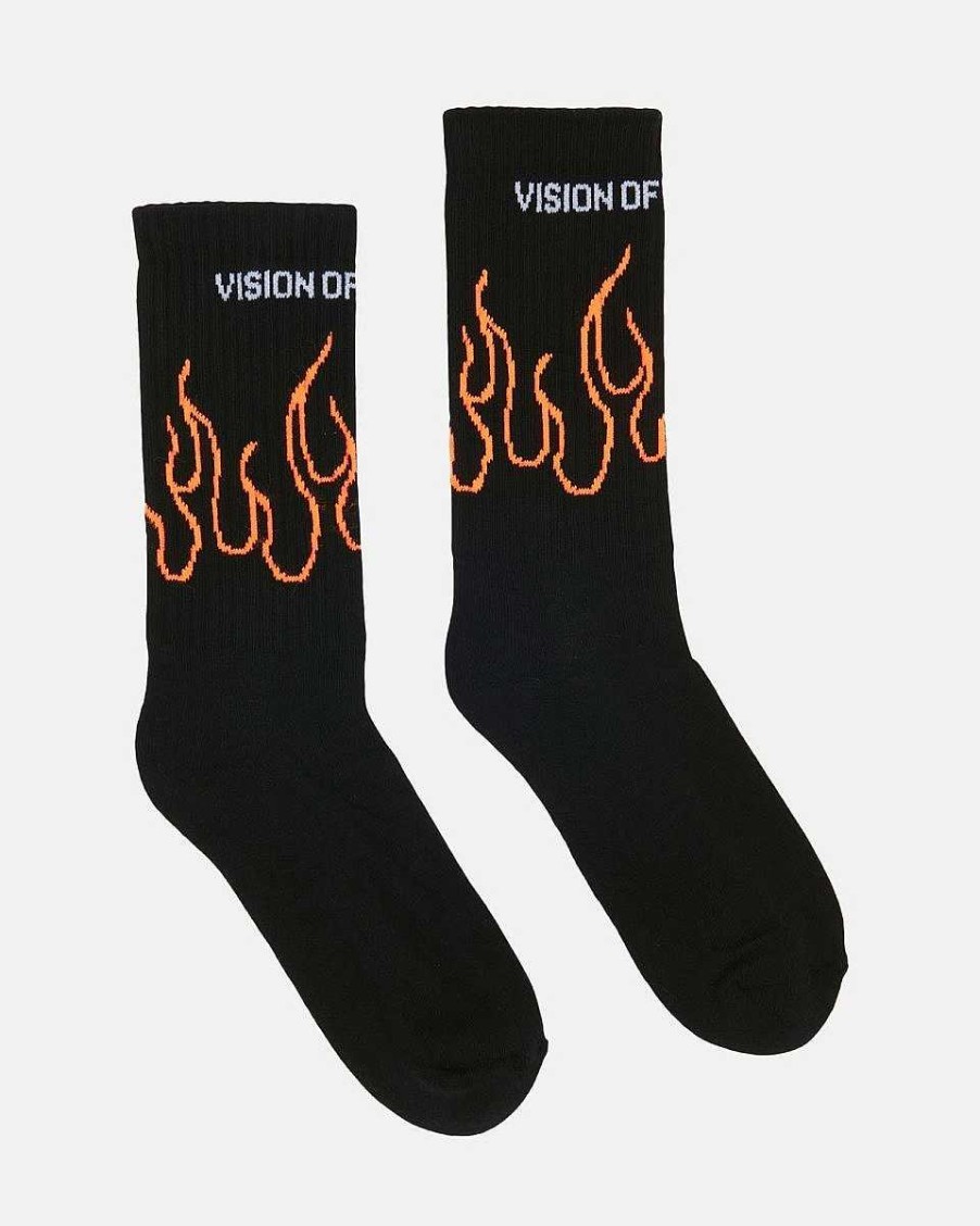 Men Vision of Super Socks | Black Socks With Orange Outline Flames