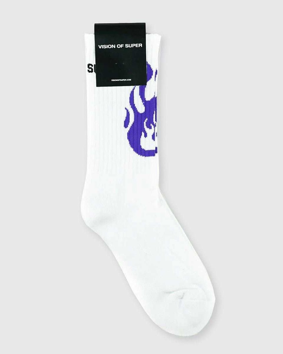 Men Vision of Super Socks | White Socks With Purple Fire Logo