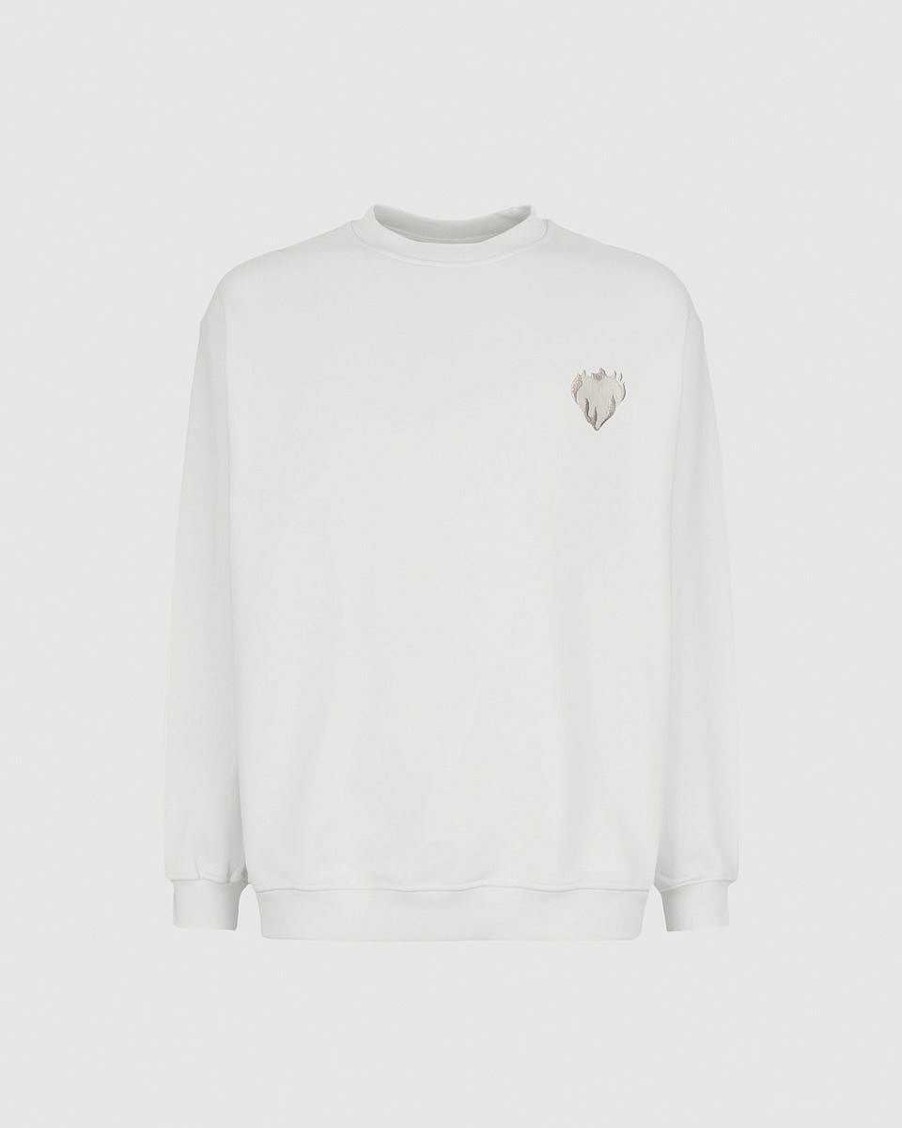 Men Vision of Super Sweatshirts | Off White Crewneck With Embroidered Flaming Heart