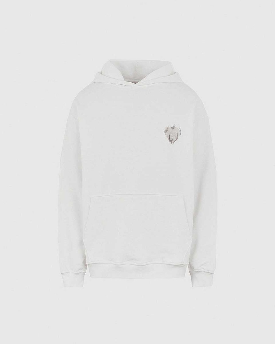 Men Vision of Super Sweatshirts | Off White Hoodie With Embroidered Flaming Heart