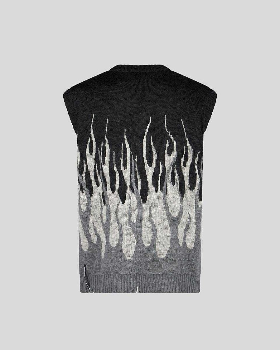 Men Vision of Super Jumpers | Black Knitwear Vest With Double Flames