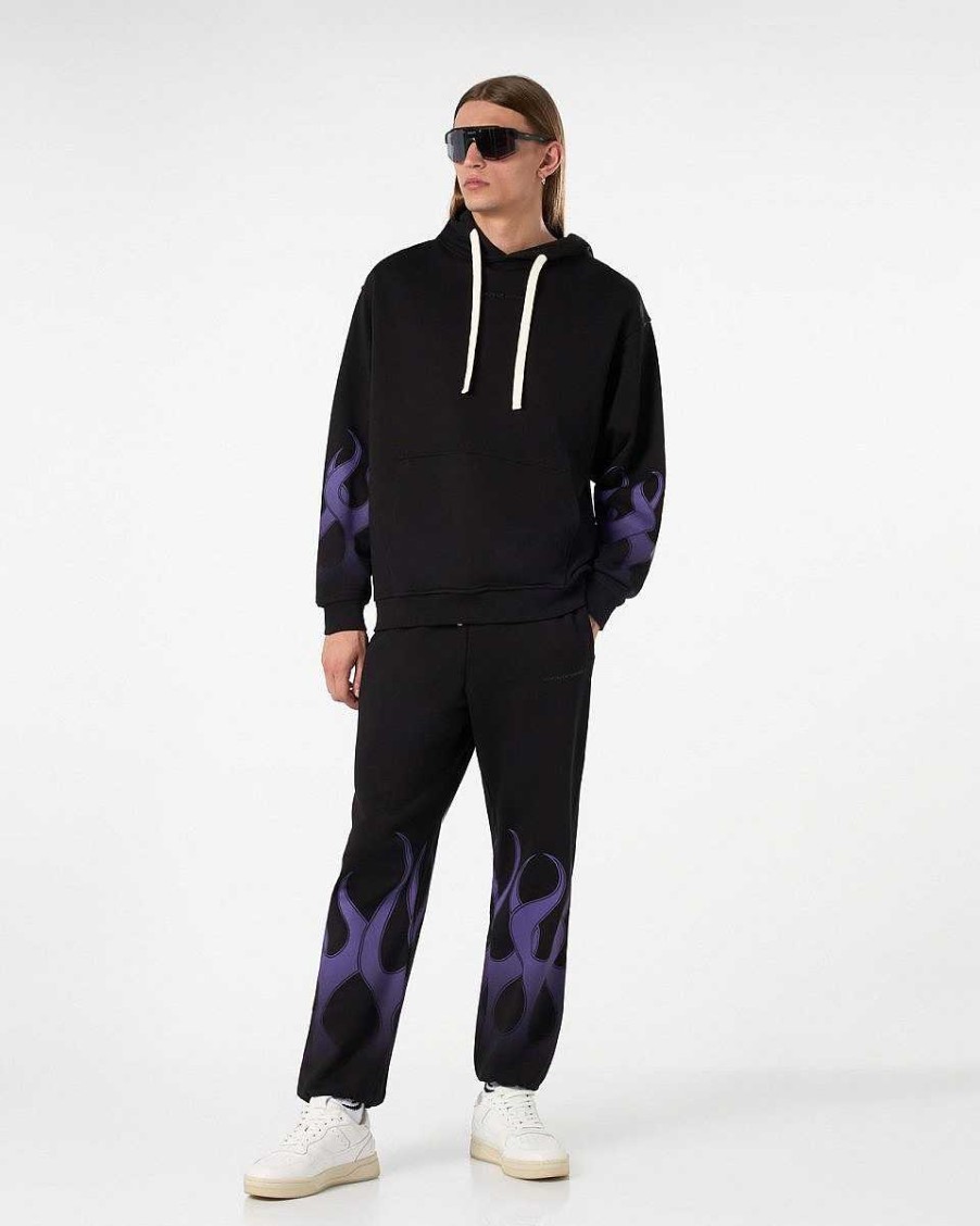 Men Vision of Super Sweatshirts | Black Hoodie With Purple Flames