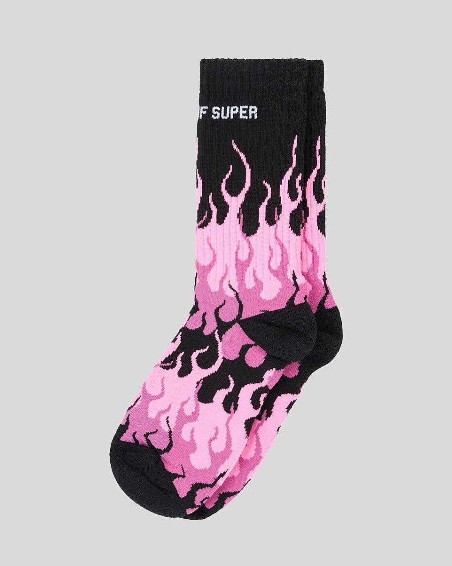 Men Vision of Super Socks | Black Socks With Fuchsia Triple Flames