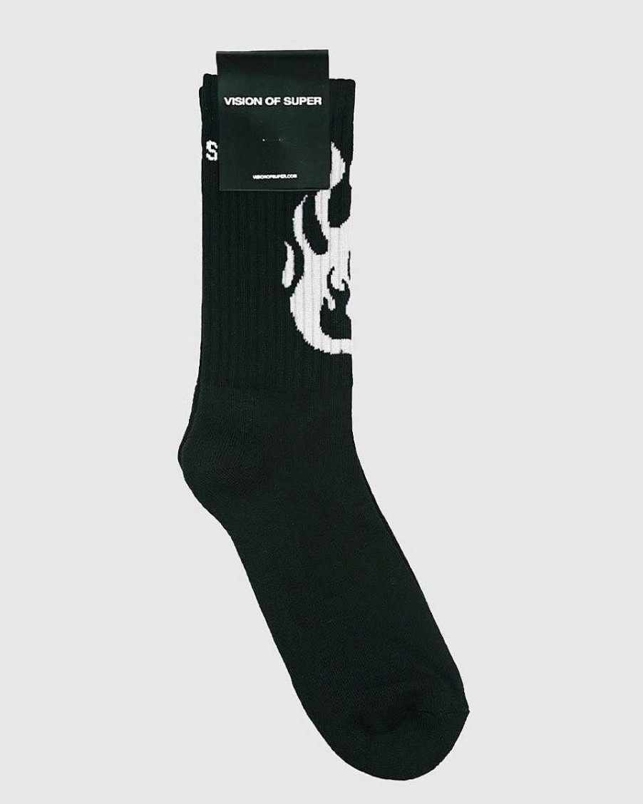 Men Vision of Super Socks | Black Socks With White Fire Logo