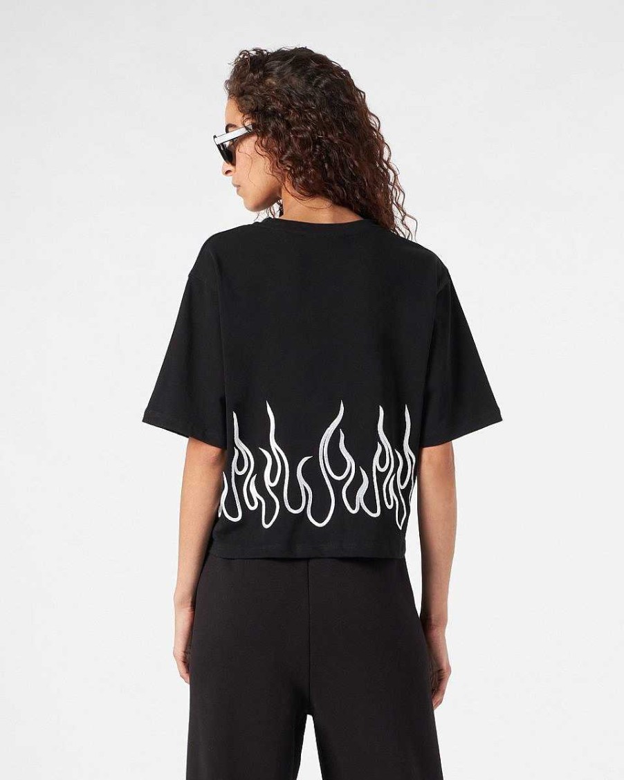 Men Vision of Super T-Shirts | Black Crop T-Shirt With White Embroidered Flames