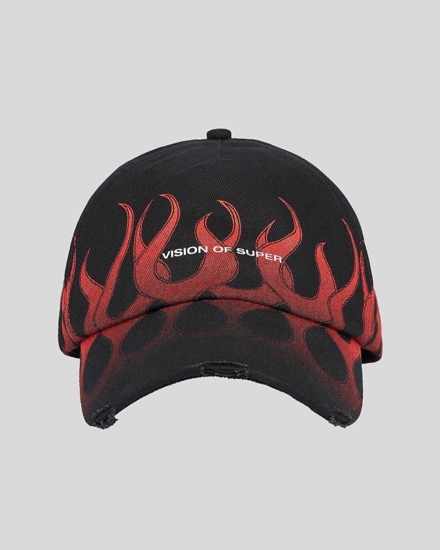 Men Vision of Super Accessories | Black Cap With Red Flames