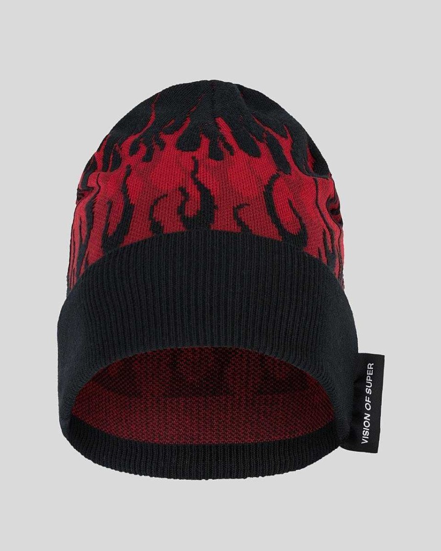 Men Vision of Super Accessories | Black Beanie With Red Flames And Label