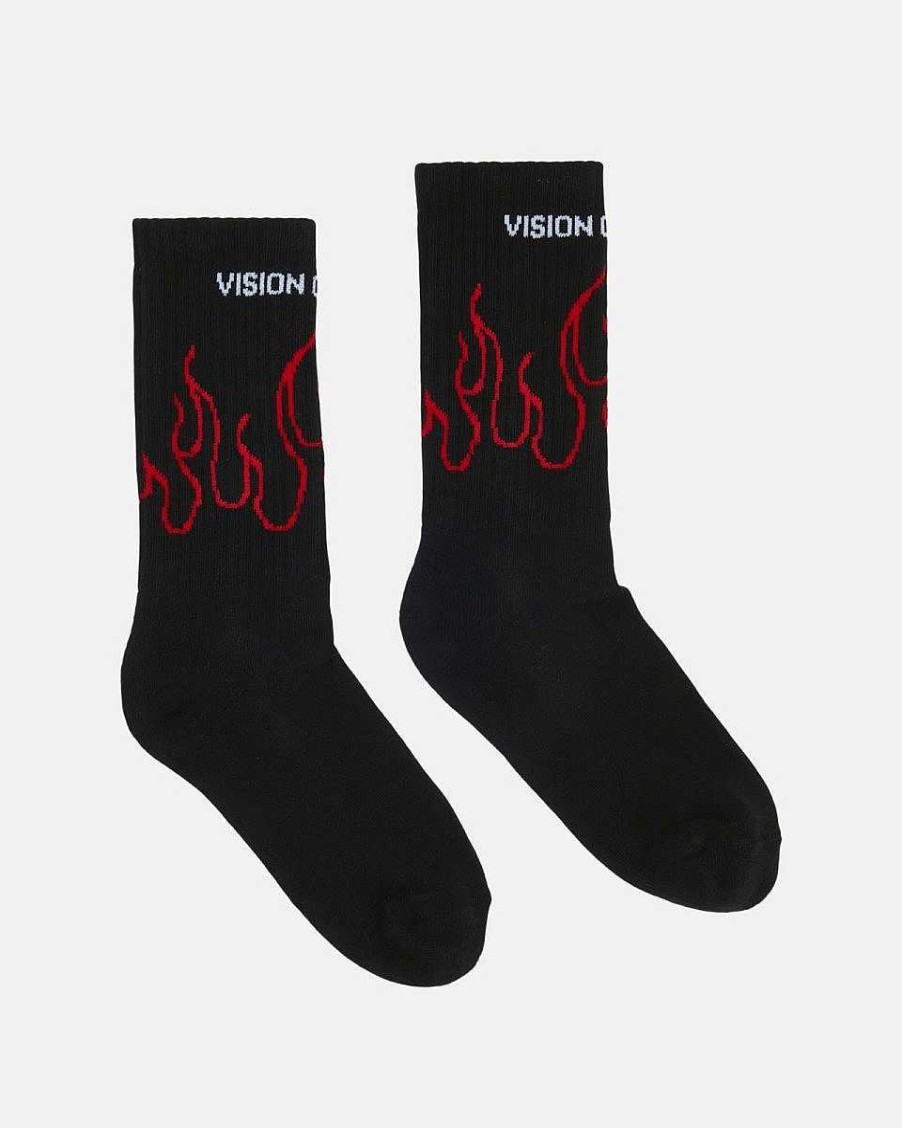 Men Vision of Super Socks | Black Socks With Red Outline Flames