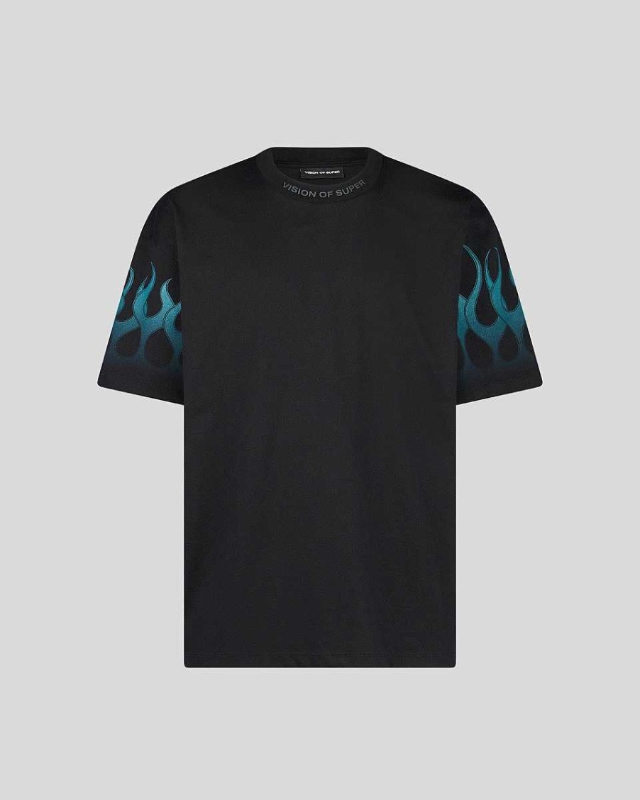 Men Vision of Super T-Shirts | Black T-Shirt With Light Blue Flames