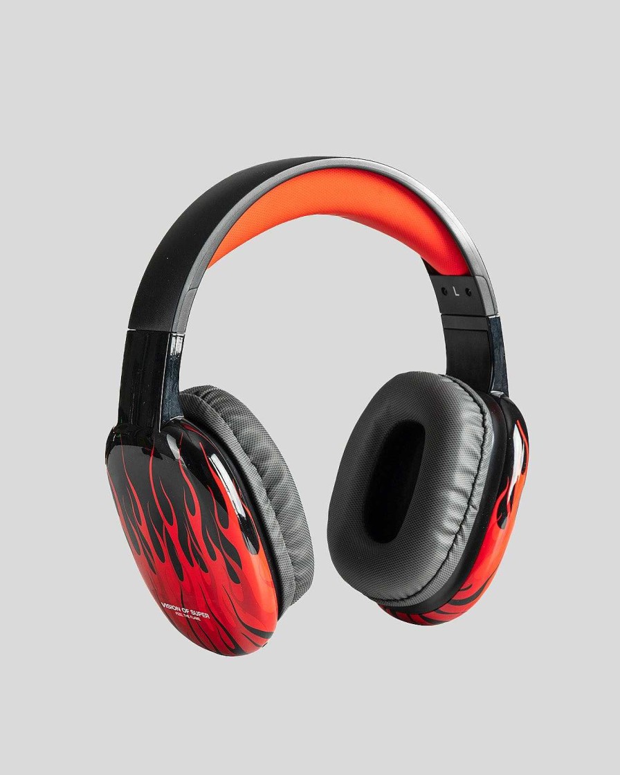 Men Vision of Super Accessories | Black Headphones With Red Flames And White Logo