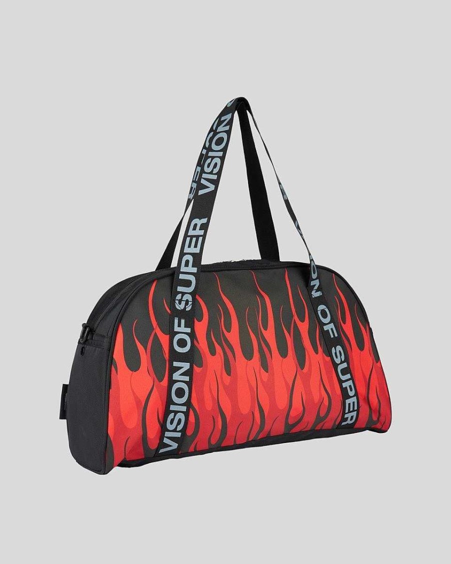 Men Vision of Super Accessories | Black Gym Bag With Triple Flames