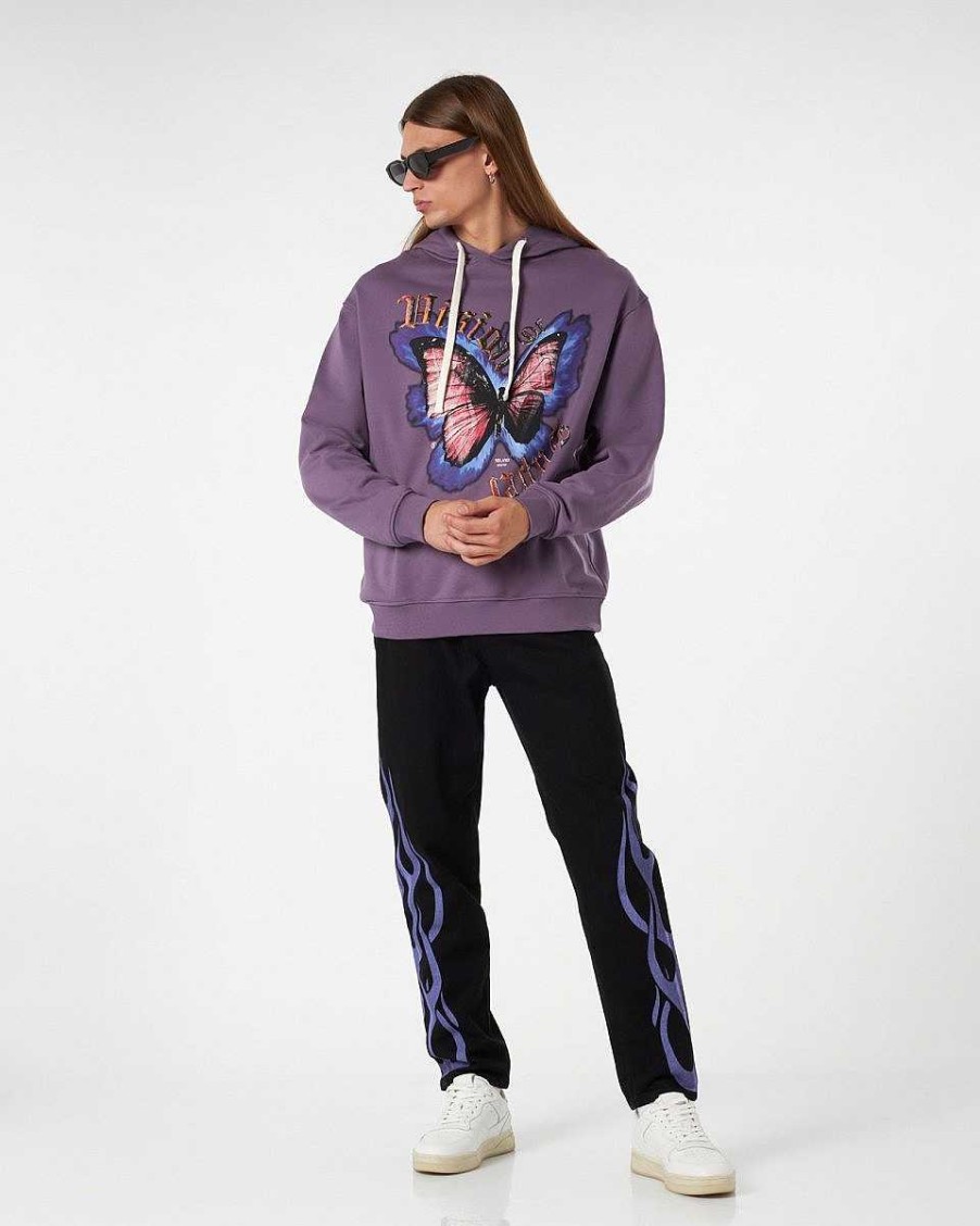 Men Vision of Super Sweatshirts | Purple Hoodie With Butterfly Graphics