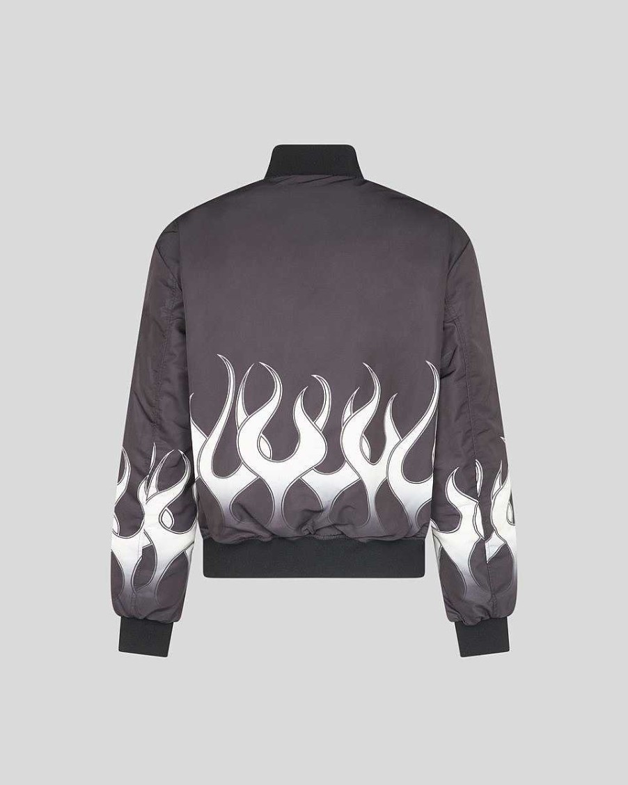 Men Vision of Super Outwear | Black Puffer Jacket With White Flames