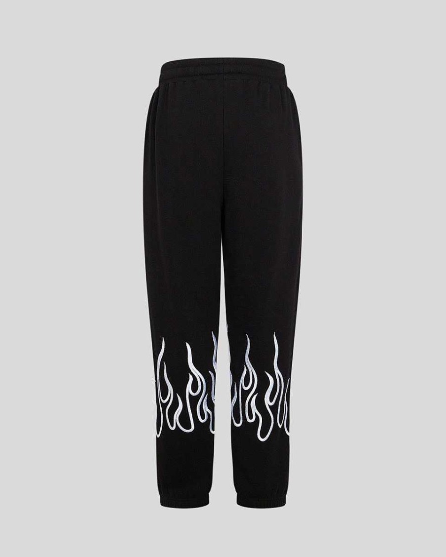 Men Vision of Super Pants | Black Pants With White Embroidered Flames