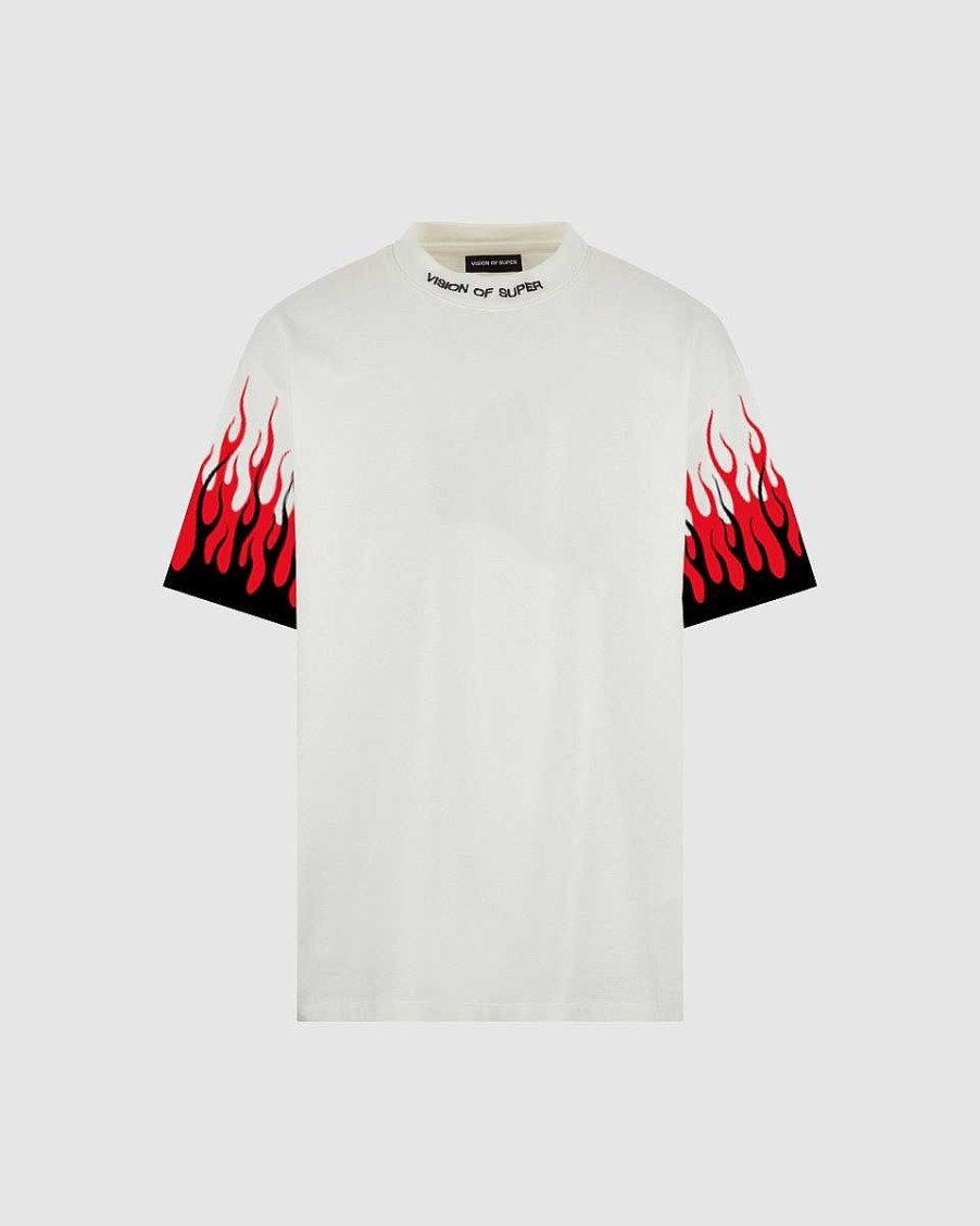 Men Vision of Super T-Shirts | White T-Shirt With Printed Black And Red Flames