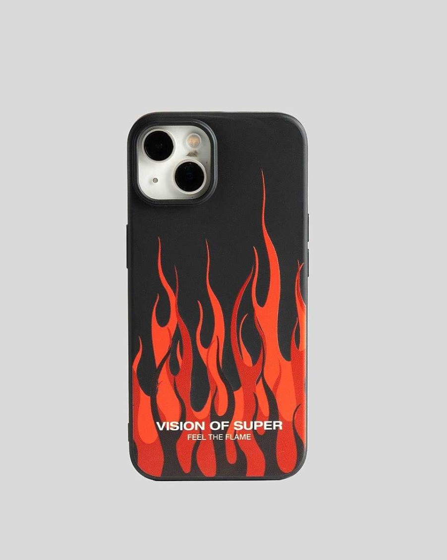 Men Vision of Super Accessories | Black Iphone 14 Pro Cover With Red Flames And White Logo