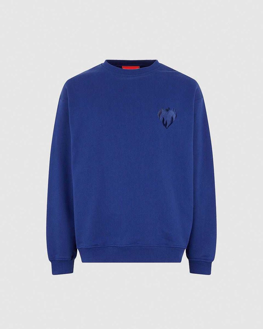 Men Vision of Super Sweatshirts | Blue Crewneck With Embroidered Flaming Heart