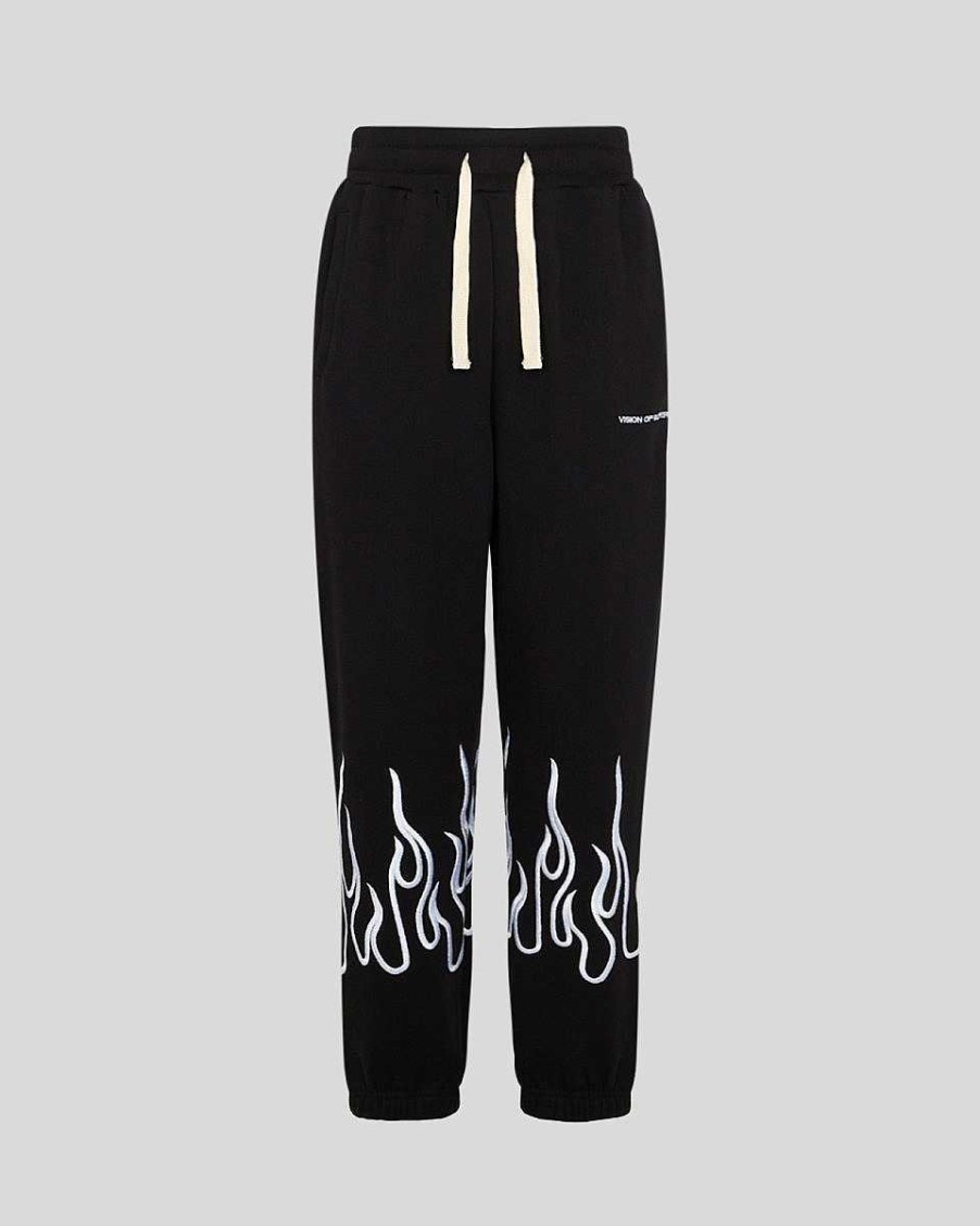 Men Vision of Super Pants | Black Pants With White Embroidered Flames