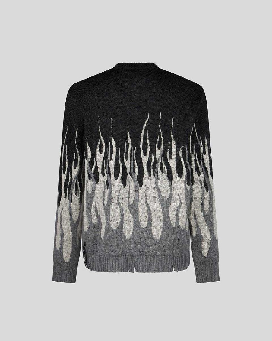 Men Vision of Super Jumpers | Black Jumper With Grey Double Flames