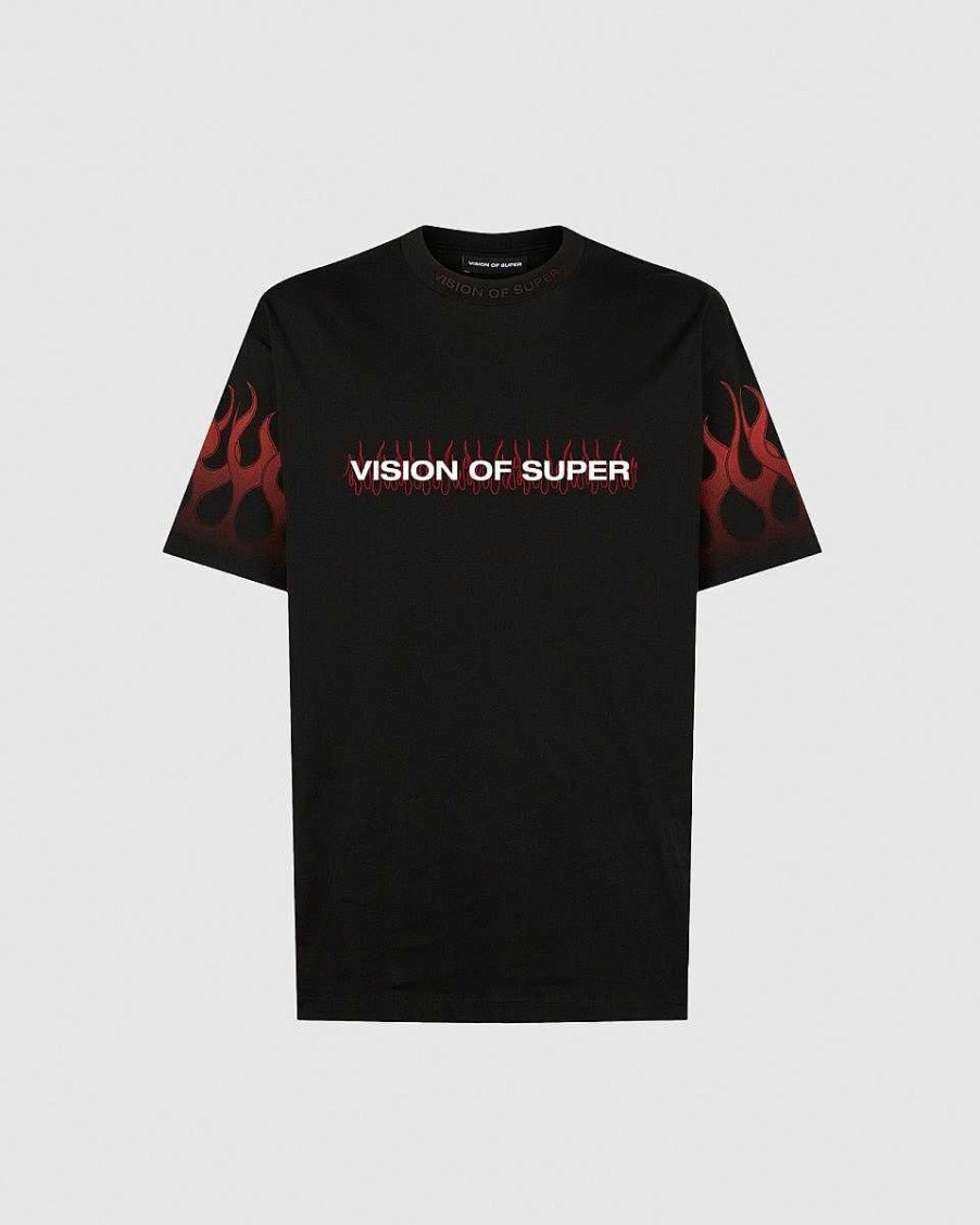 Men Vision of Super T-Shirts | Black Tshirt With Red Flames And Logo