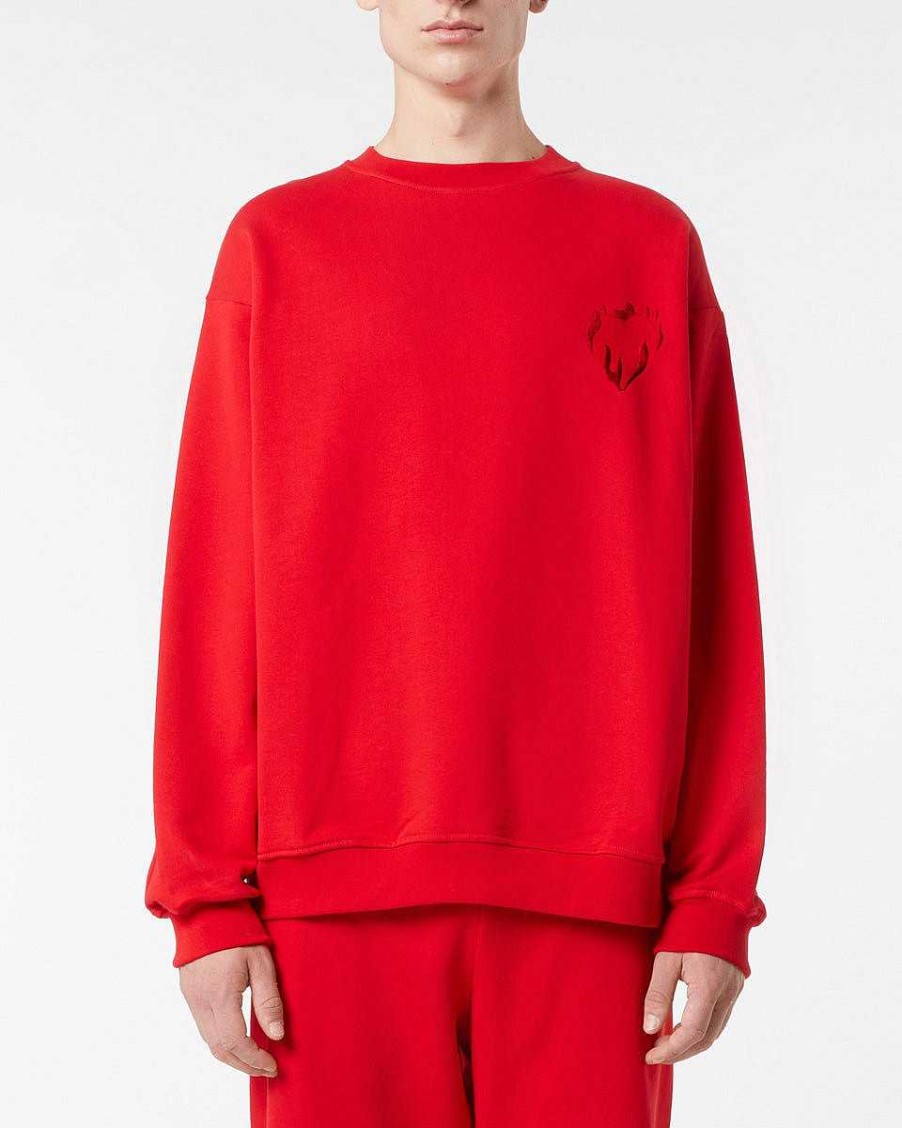 Men Vision of Super Sweatshirts | Red Crewneck With Embroidered Flaming Heart