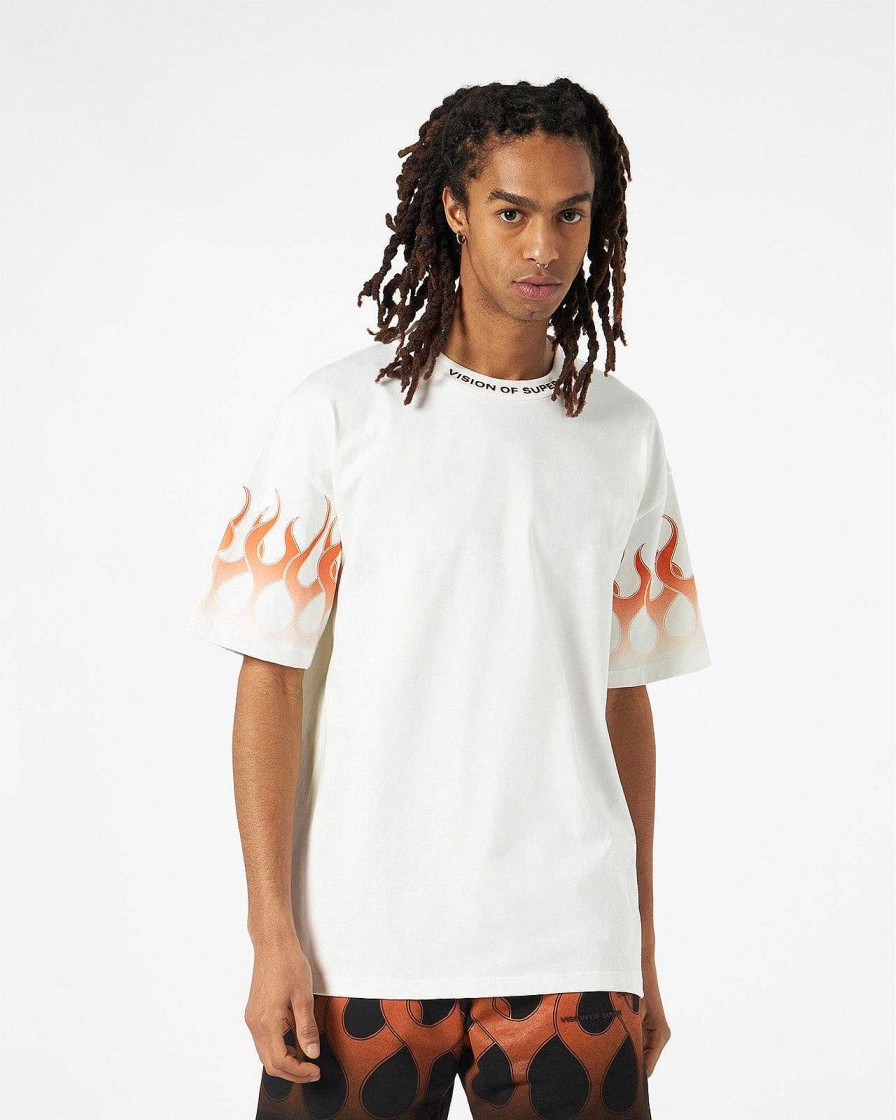 Men Vision of Super T-Shirts | White T-Shirt With Orange Flames