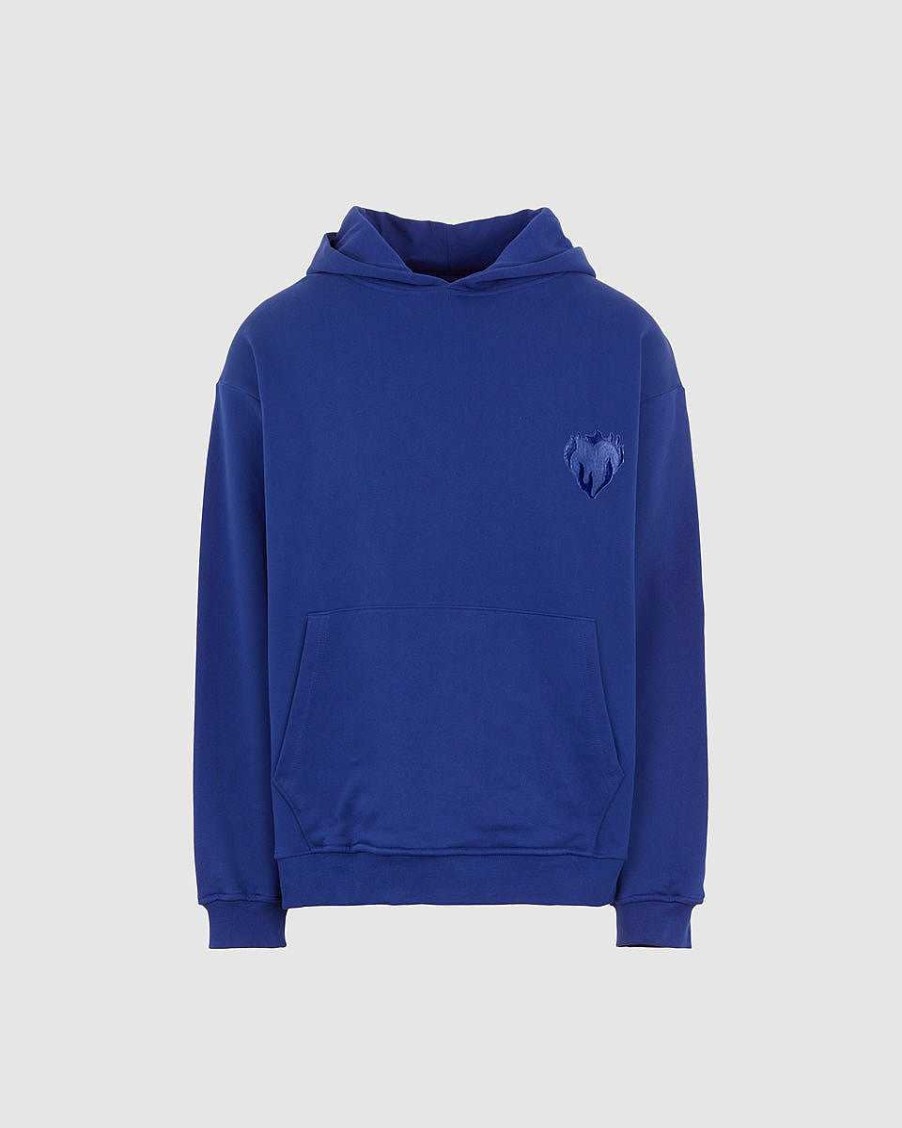 Men Vision of Super Sweatshirts | Blue Hoodie With Embroidered Flaming Heart