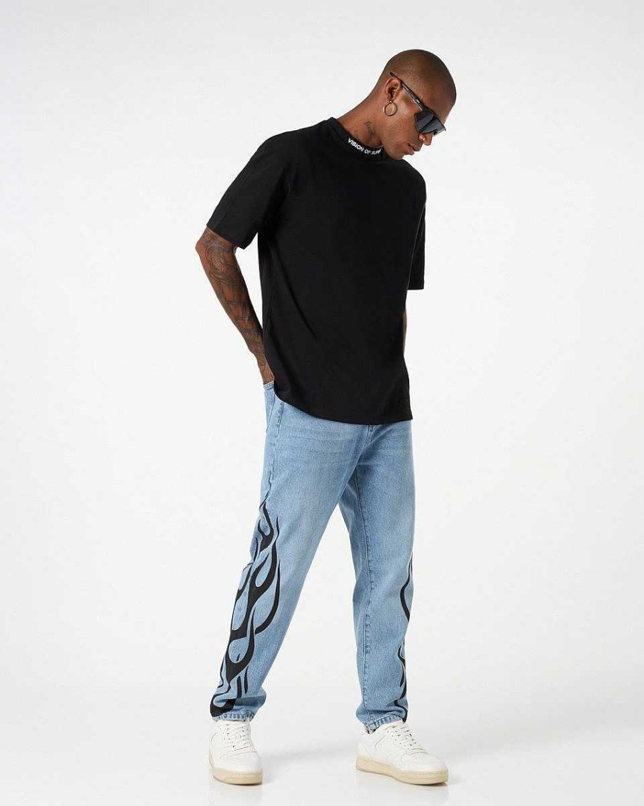 Men Vision of Super Pants | Blue Denim With Black Tribal Flames