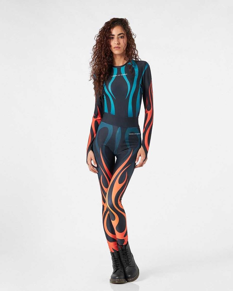 Woman Vision of Super Clothes Pants | Black Body With Multicolor Tribal Flames