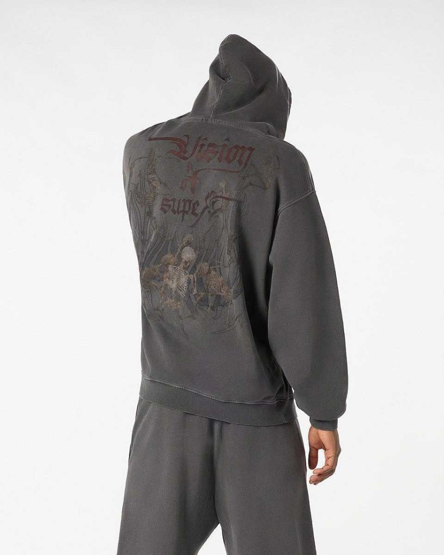 Men Vision of Super Sweatshirts | Grey Stonewashed Hoodie With Dancing Skeletons Graphics