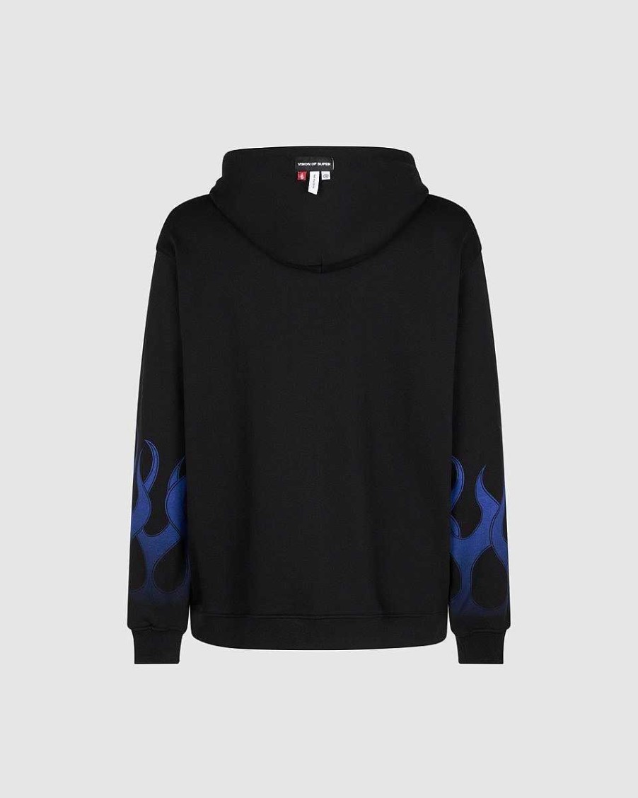 Men Vision of Super Sweatshirts | Black Zip Hoodie With Blue Flames