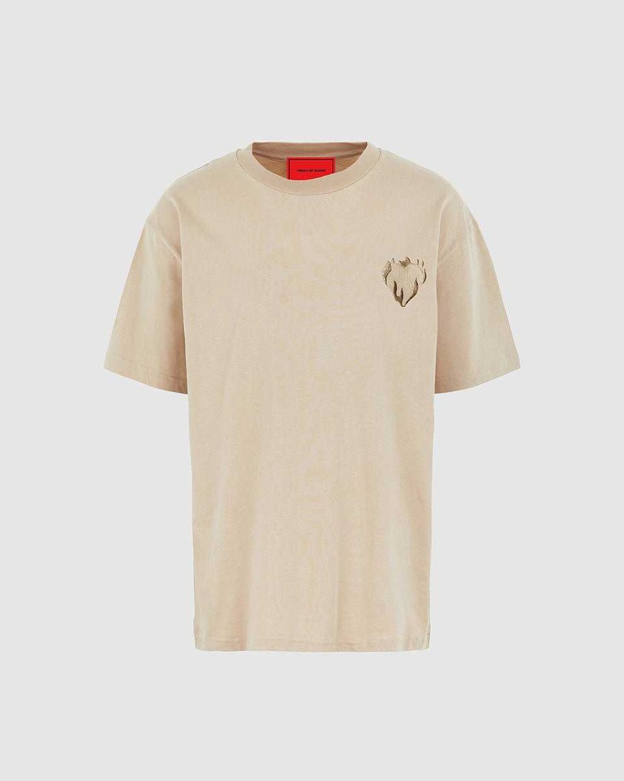 Men Vision of Super T-Shirts | Light Brown T-Shirt With Embroidered Flaming Heart