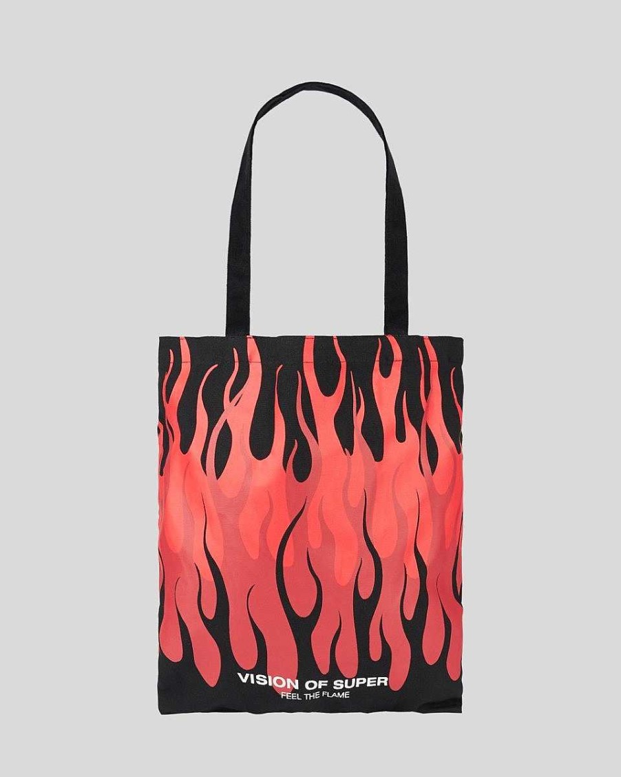 Men Vision of Super Accessories | Black Shopper Bag With Triple Flames And Logo Print