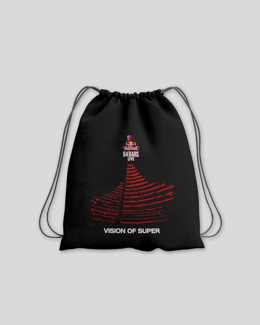 Projects Vision of Super | Black Drawstring Backpack With Red Bull 64 Bars Print