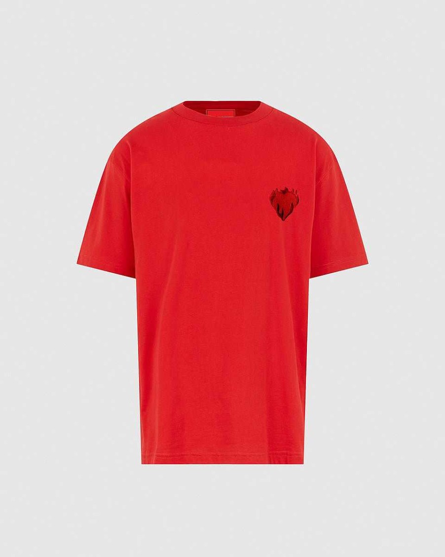 Men Vision of Super T-Shirts | Red T-Shirt With Embroidered Flaming Heart