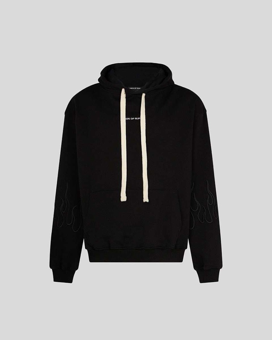 Men Vision of Super Sweatshirts | Black Hoodie With Black Embroidered Flames