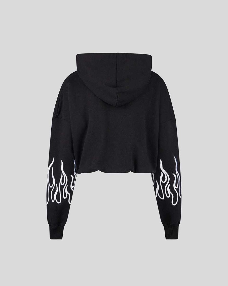 Men Vision of Super Sweatshirts | Black Crop Hoodie With White Embroidered Flames