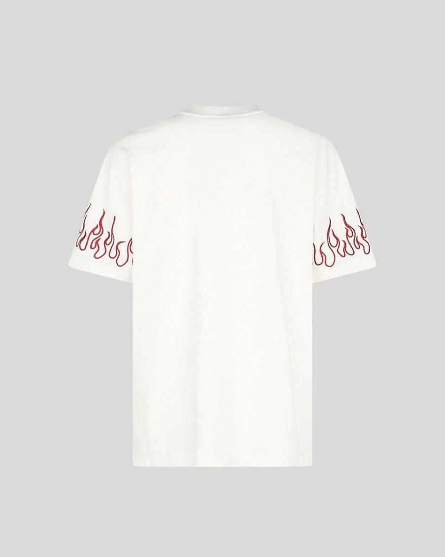 Men Vision of Super T-Shirts | White T-Shirt With Red Embroidered Flames