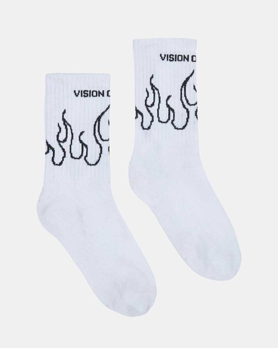 Men Vision of Super Socks | White Socks With Black Outline Flames