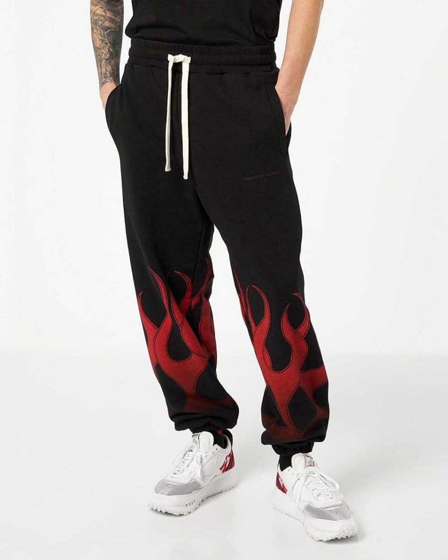 Men Vision of Super Pants | Black Pants With Red Flames