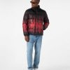 Men Vision of Super Outwear | Black Double Face Puffer Jacket With Red Triple Flames